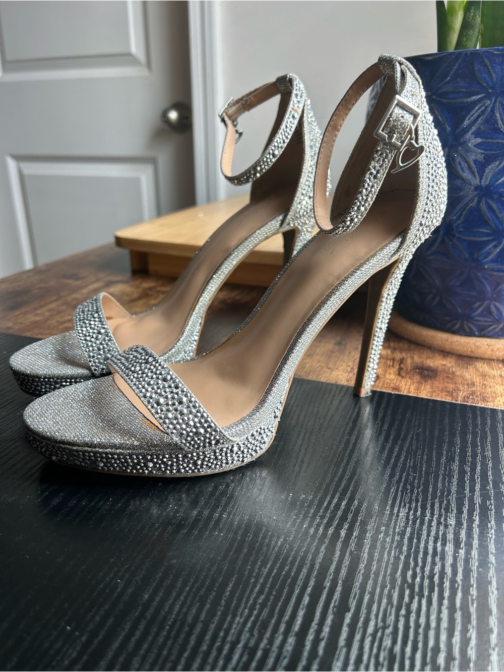 Thalia Sodi-Women's Silver Rhinestone Ankle-Strap High Heel Sandals